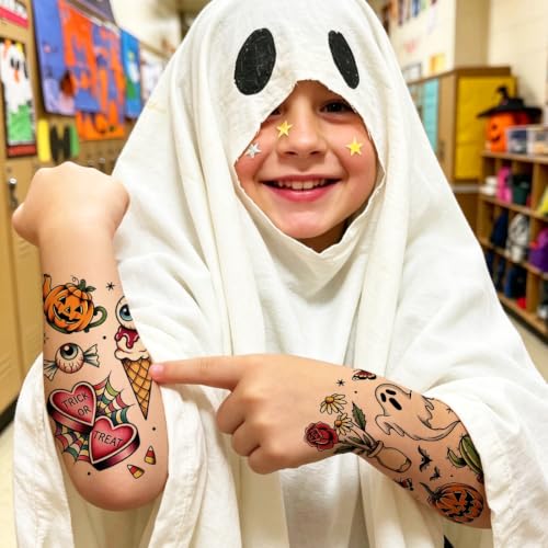 Halloween Temporary Tattoos Set for Kids & Adults - Vintage Retro Designs, 36 Sheets
