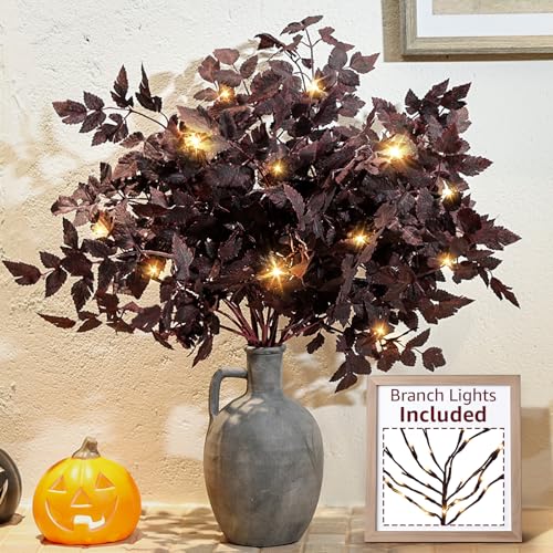 Artificial Fall Maple Leaf Stems with Lights - 6 Pack, 24 Inches