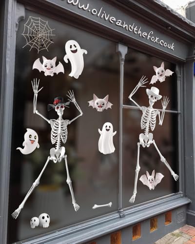 Giant Skeleton Halloween Window Clings - Spooky Ghosts Bats & Bones - Reusable Decorations for Glass Doors & Windows