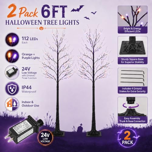 6FT LED Lighted Halloween Tree 2-Pack with Orange & Purple Lights - Indoor Outdoor Decor