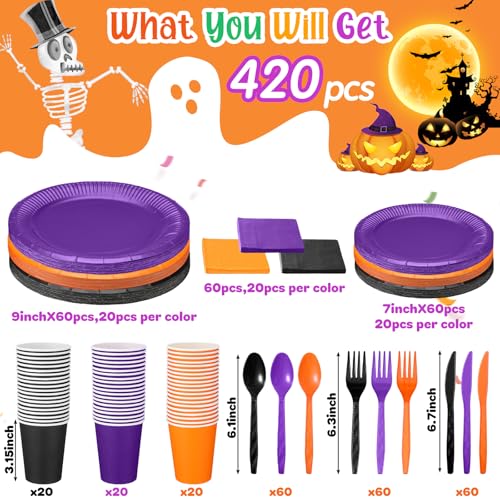 Halloween Paper Plate and Napkin Set for Party, 60 Guests, Black Orange Purple