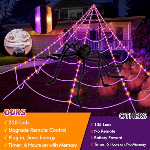 Halloween Spider Web Lights with Fake Spider - 200" Outdoor Decor, 8 Lighting Modes, Purple & Orange Variation