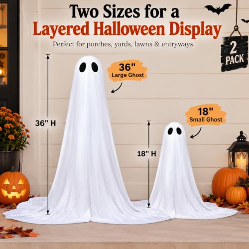 Outdoor Light Up Ghost Decorations 36 Inch & 18 Inch with Timer - Halloween Yard Props - Variation: White Ghosts