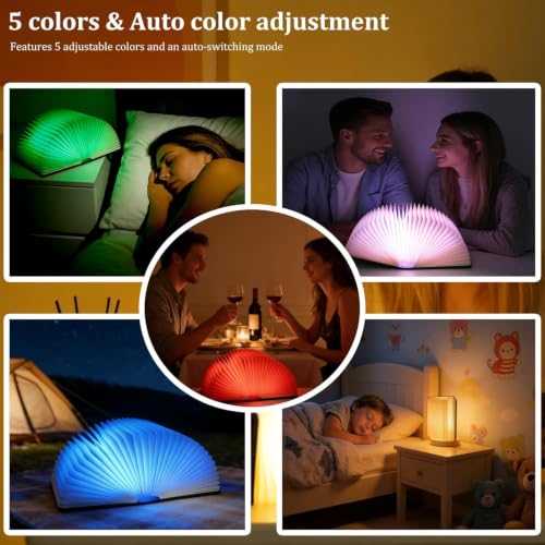 Wooden Book Lamp with 5-Color Lighting - Folding Book Light for Book Lovers Gifts