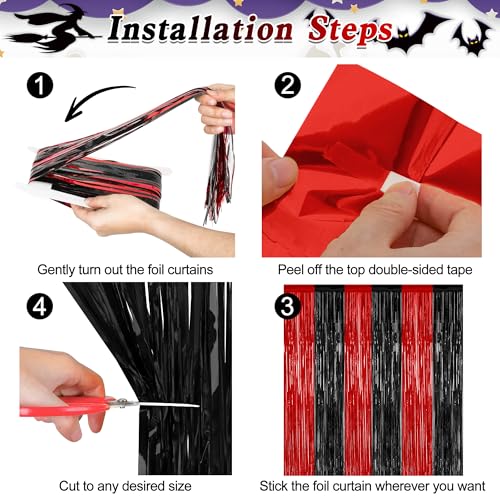 Halloween Foil Curtain Streamers - Black and Red Party Decorations, 4 Pack