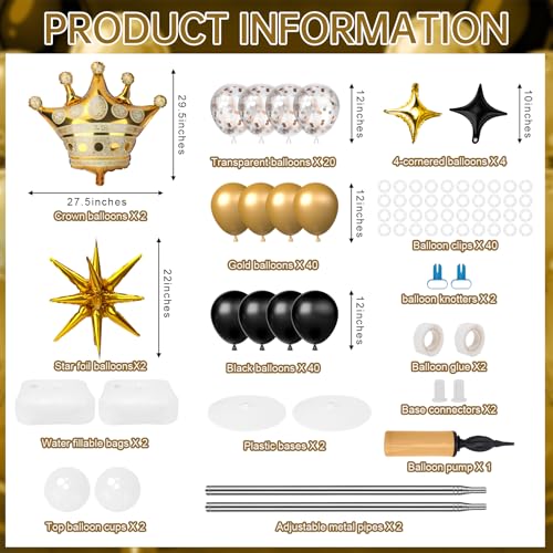 Black and Gold Balloon Column Stand Kit with Foil & Latex Balloons for Party Decorations - Adjustable Floor Tower