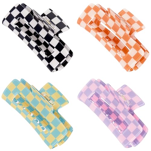 Checkered Rectangle Hair Claw Clips - Large Acrylic Multicolored Barrettes, Strong Hold, Non-Slip, Pattern D