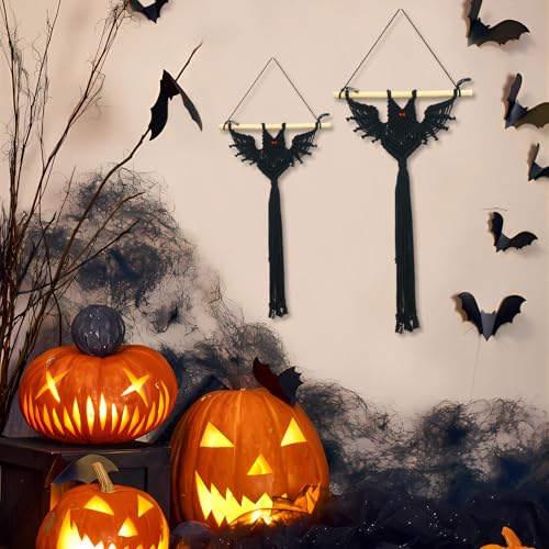 Halloween Black Macrame Bat Wall Hanging - Red Variation, Gothic Spooky Decor