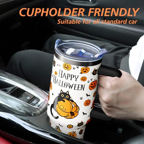 Halloween Cat 40oz Insulated Tumbler Cup with Handle & Straw - Goth Pumpkin Theme