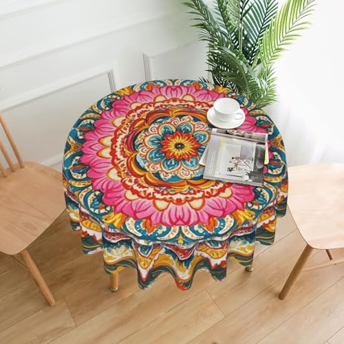 Mandala Floral Round Tablecloth 60 Inch Washable Table Cover for Kitchen & Party