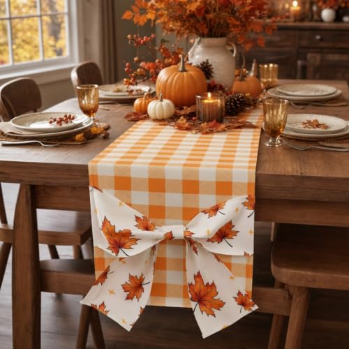 Fall Table Runner Orange Plaid Decor with Bowknot 13'' x 60'' - Autumn Harvest Thanksgiving Halloween