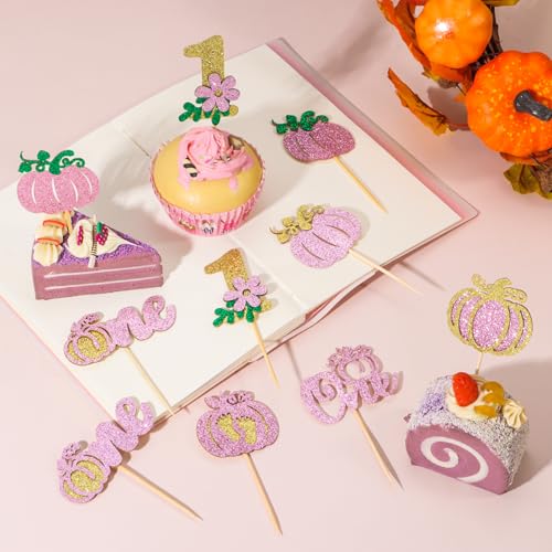 Pink Glitter Pumpkin Cupcake Toppers - 48Pcs Fall & Halloween Party Decorations, First Birthday