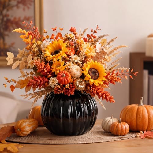 Black Pumpkin Flower Vase - 5.5-Inch Ceramic Fall Decor & Centerpiece