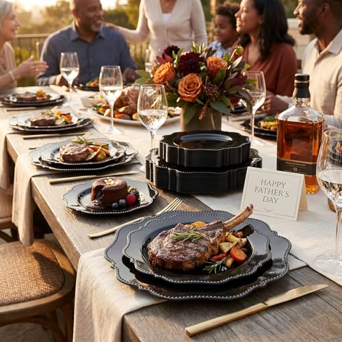 Black Disposable Plastic Plates Set - Heavy Duty Party Dinner & Dessert Plates, 60 Pieces