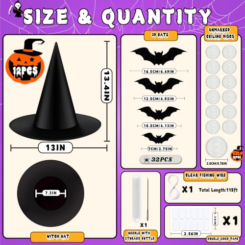 Halloween Black Witches Hat with 3D Bats - Floating Costume Accessory, 12-Pack