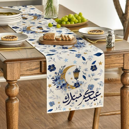 Blue Ramadan Moon Lantern Leaves Floral Table Runner - 13 x 72 Inch Seasonal Kitchen Decor