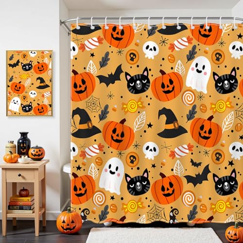Halloween Shower Curtain 72x72 Inch - Cute Orange Bat Theme Waterproof Polyester