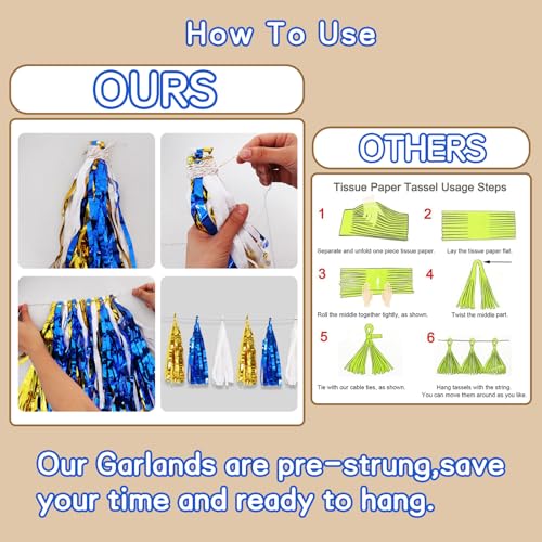 Blue Gold White Foil Fringe Tassel Garland - 3 Pack Party Decorations