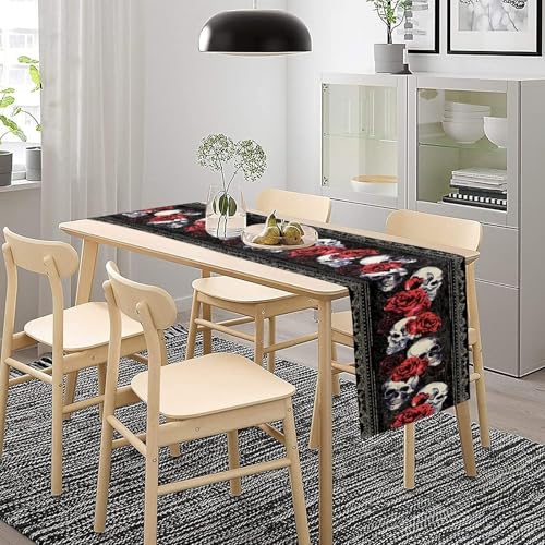 Gothic Table Runner - Retro Black Witchy Skull & Red Rose Design, 13x108 - Variation 3
