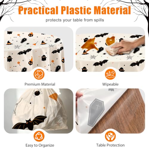 Halloween Tablecloth 3 Pack Round 84 Inch Leakproof Plastic Table Covers - Pumpkin Ghost Variation
