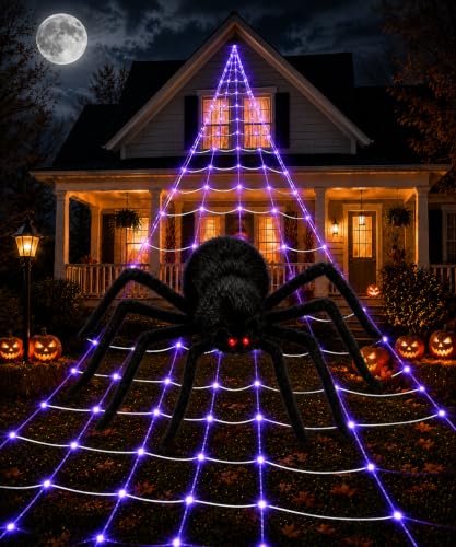 Purple LED Halloween Spider Web Lights with Giant Spider - Outdoor Yard Decor