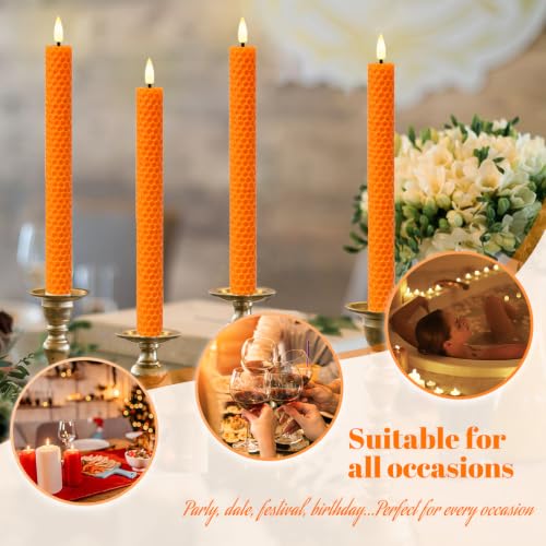 Orange Honeycomb Flameless Candles with Remote & Timer - 9.5 Inch LED Flickering Candles, Real Beeswax, Battery Operated, Set of 6