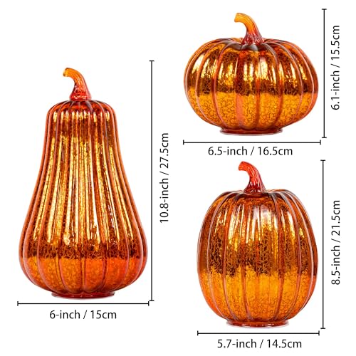 Set of 3 Glass Pumpkin Lights with Timer - Fall Halloween Thanksgiving Decor