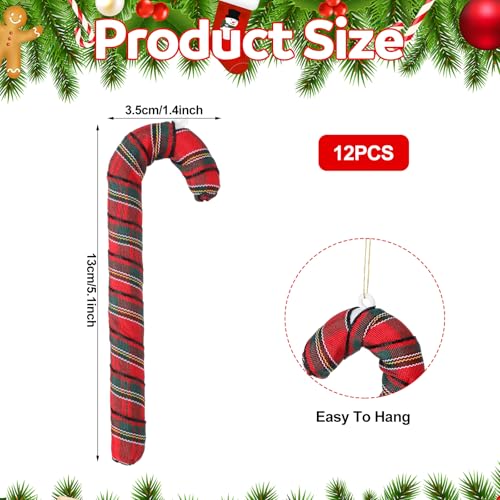Red Plaid Candy Cane Christmas Tree Ornaments - Farmhouse Decor, 12 Pack