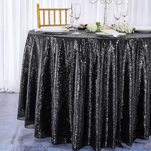 QueenDream Black Sequin Round Tablecloth 132 Inch - Party & Event Decor
