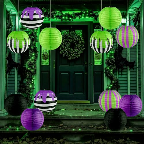 Halloween Paper Lanterns Set - 12 Black, Purple, Green Striped Decor, 10 Inch