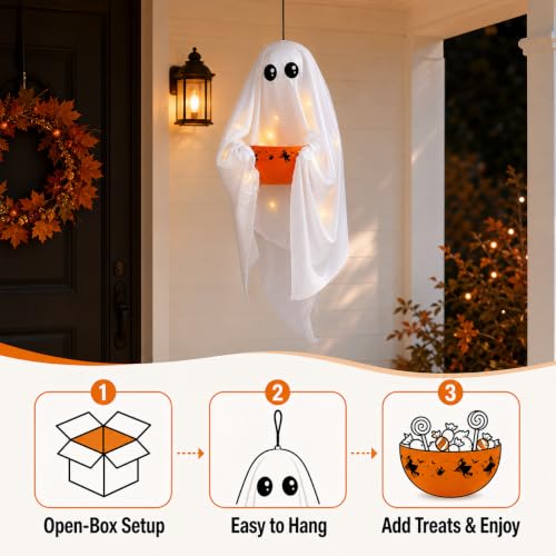 VZQI Halloween Ghost Candy Bowl White Hanging Candy Holder with 8 Light Modes