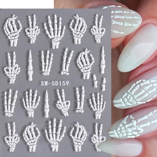 Halloween Skull Nail Stickers Set - Style02 Embossed Skeleton & Rose Design, 4 Sheets for Gothic Nail Art