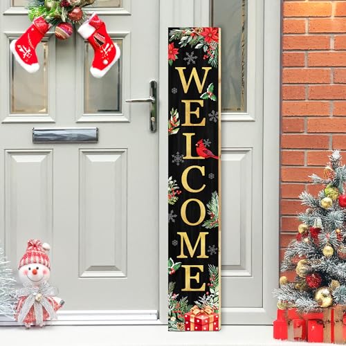 Christmas Welcome Sign for Front Porch Standing - Red Holly Xmas Wooden Sign, Rustic Farmhouse Decor
