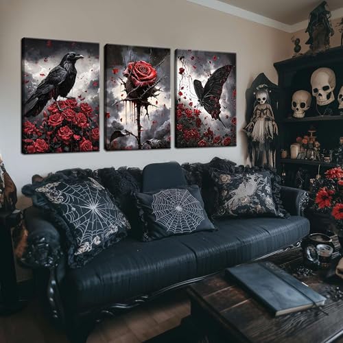 Gothic Crow Wall Art Set - 3 Pieces Canvas Prints with Roses & Skulls, Framed Halloween Decor, 16x12 inches - Crow Rose Variation