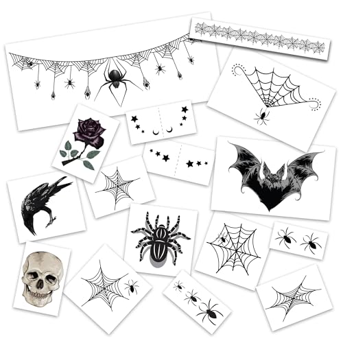 Spider Witch Halloween Temporary Tattoo Kit - 16 Waterproof Body Art Designs - Easy Costume Accessory