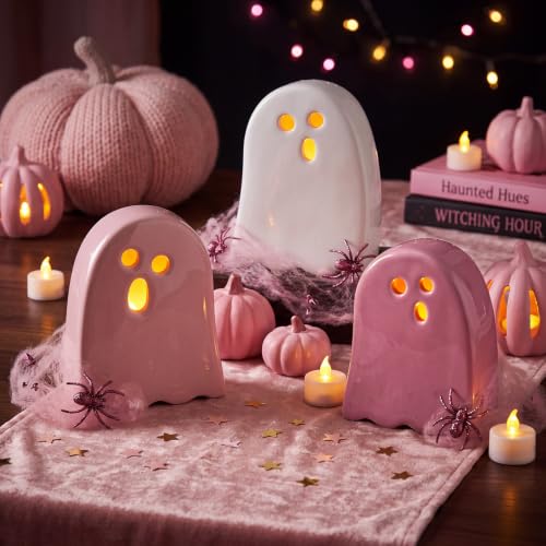 Pink Halloween Ghost Ceramic Decorations with Tea Light Candles - Variation of Ghost