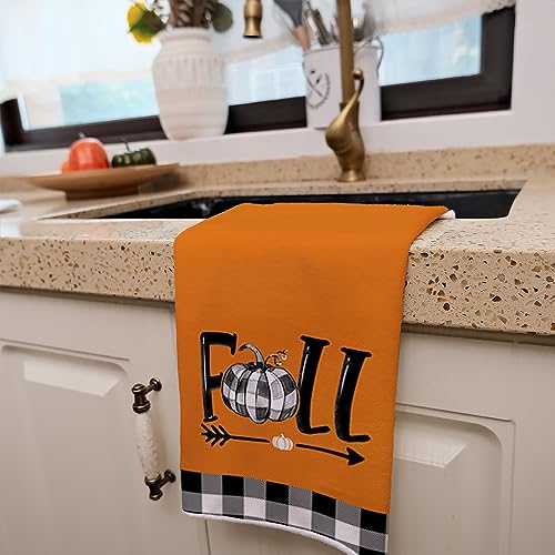 Black Pumpkin Fall Kitchen Towels Set of 2 - Buffalo Plaid Check Dish Towels
