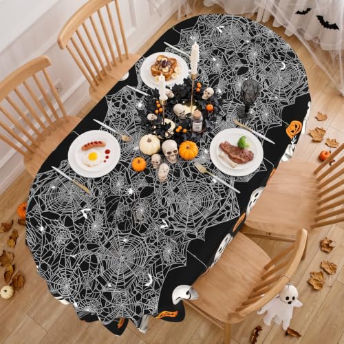 Oval Halloween Tablecloth 52x70 Inch with Spiderweb Ghost Pattern - Black Fabric Party Decor