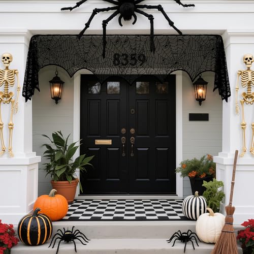 Halloween Mantle Scarf 2 Pcs Black Lace Spiderweb Fireplace Decor Set - 18x83 Inches
