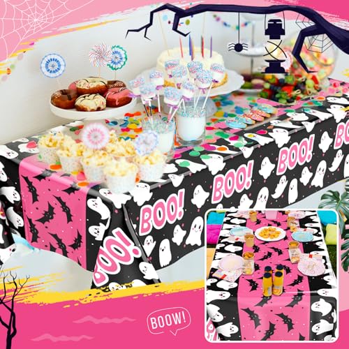 Pink Halloween Tablecloth Set - Ghost & Bat Party Decorations, Waterproof Plastic, 3 Pack