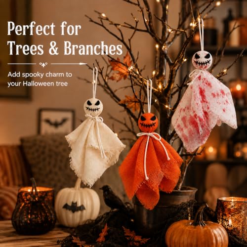 Halloween Ghost Hanging Ornaments - Set of 3, 8.7 Inch Farmhouse Rustic Decor for Haunted House & Yard