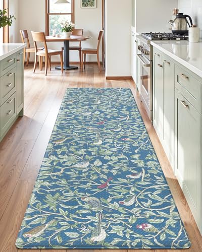 Anti-Fatigue Kitchen Mat 24x87 Inches with Blue Floral Design, 0.4" Thick