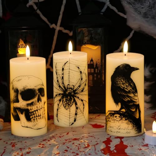 Halloween Skull Flameless Candles Set with Remote & Timer - Real Wax, 3 Pack