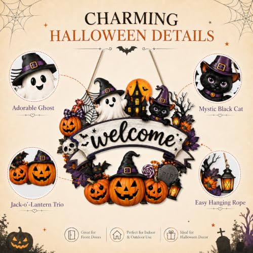 Halloween Wooden Door Wreath Sign - Rustic Fall Porch Decor with Ghost Pumpkin Bat