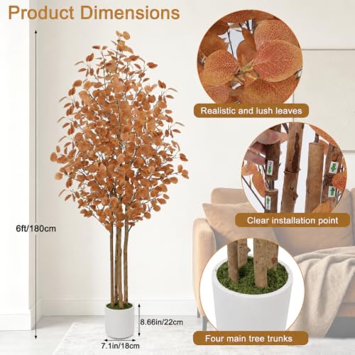 Artificial Eucalyptus Tree 6ft Fall Tree with Brown Trunks and Lifelike Leaves - Floriv