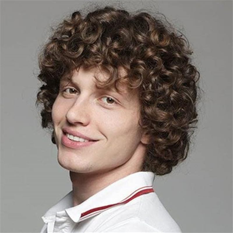 Brown Curly Short Afro Wig for Men - Cosplay Halloween Costume Daily Hair