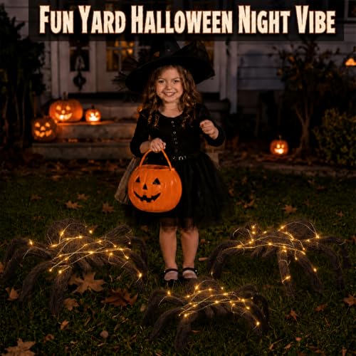 Fake Spider Decor Set with Rattan Woven Legs & String Lights - Halloween Props, 3 Sizes