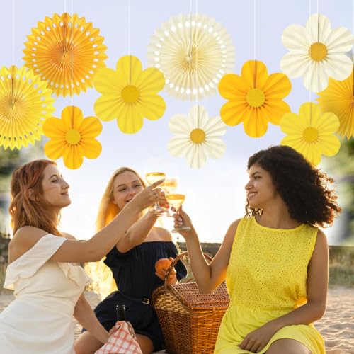 Yellow Party Decorations Paper Fans Set - Sunflower Theme Wall Decor, 12 Pieces