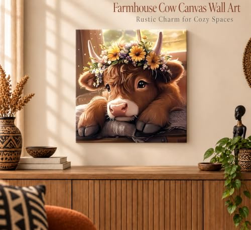 Highland Cow Canvas Wall Art - 20x20 Inch Farmhouse Decor with Wooden Frame