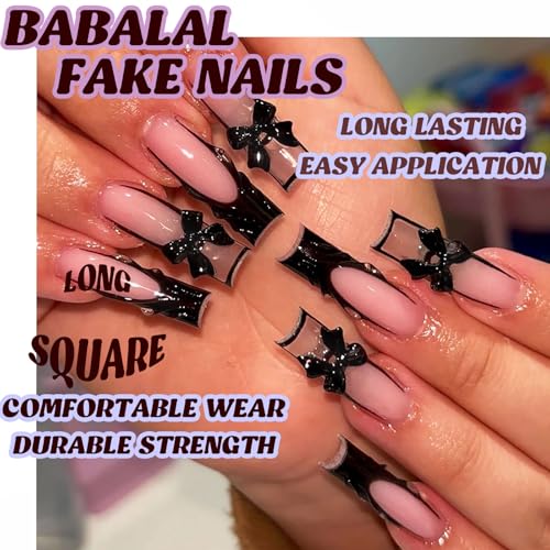 BABALAL ANV05 Long Square Fake Nails Black Goth French Tip 3D Texture Set - Bow Charm 24Pcs